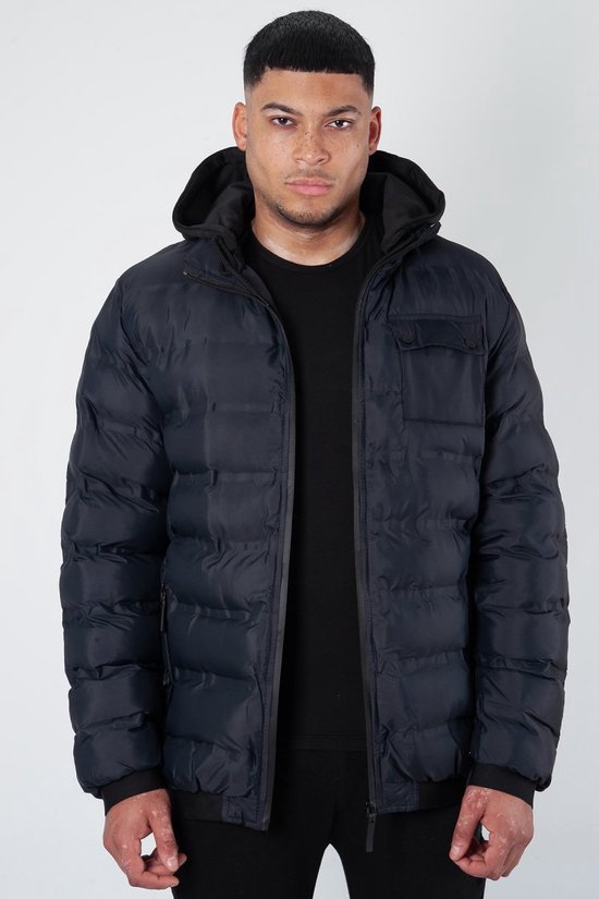 SOUL STAR MENS QUILTED HOODED JACKET - Padded bubble puffer warm Bomber Jacket Black - Maat S