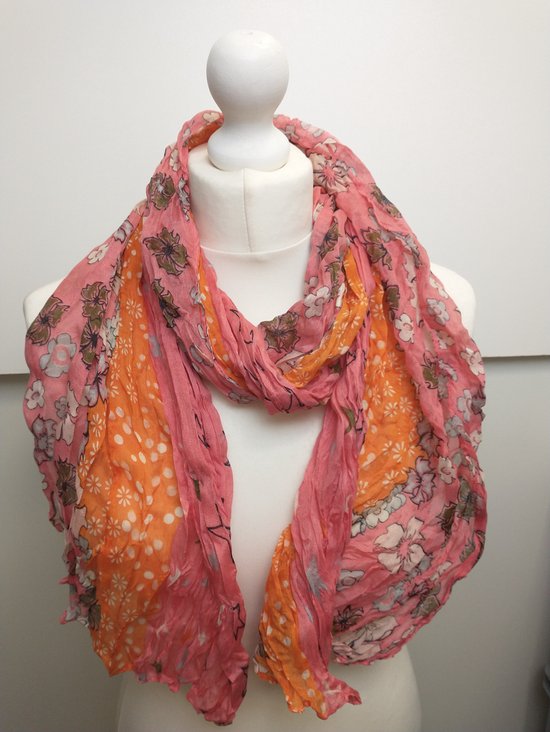 Lange dames sjaal Kaelynn gebloemd motief roze wit grijs zwart oranje olijfgroen