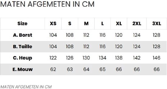 Maattabel voor kleding in cm met maten voor borst, taille, heup en mouw.