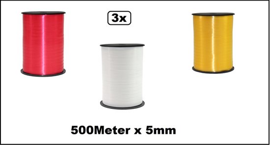 3x Ruban à friser rouge/blanc/jaune 5 mm x 500 mètres - Ruban à boucles de  carnaval