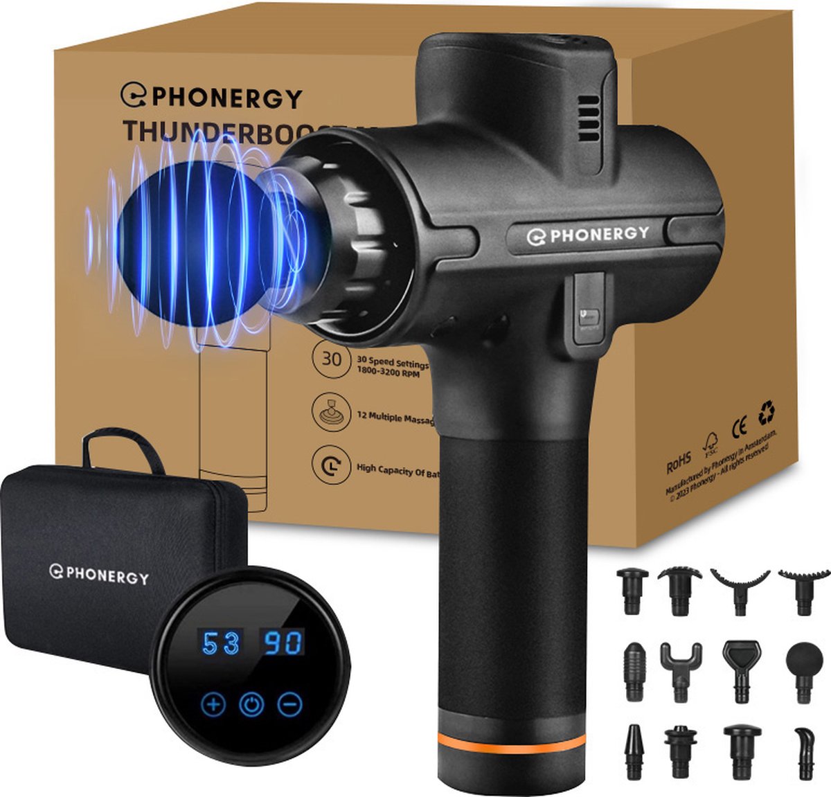 Phonergy Thunderboost - Massage Gun- Massage Apparaat - Massage Gun Professioneel - Massage pistool- Zeer Krachtig - Extreem Stil - 12 Opzetstukken - 30 Standen - Midnight Black