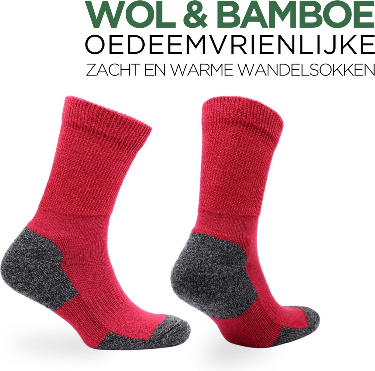 Norfolk - Merino wol en Bamboe mix Wandelsokken - Diabetes en Oedeemvriendelijke - Outdoor Zacht en Warme Sokken Heren met Demping - Merino wol sokken - Rood - Maat 43-46 - Alfie