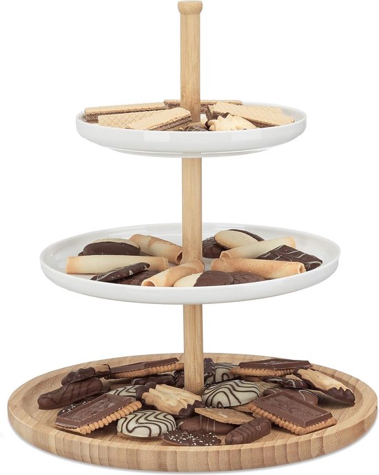 Bamboo and Ceramic Stand 3 Levels, Serving Plate, DxH: 30 x 36 cm for Cookies, Fruit, Nibbles, Natural White