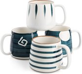 Porseleinen koffiemokken set van 4, 17oz keramische koffiemokken kopjes met handvatten, grote steengoed mokken voor thee, warme of koude dranken, cappuccino, melk, handgeschilderde patronen (4 stijlen)