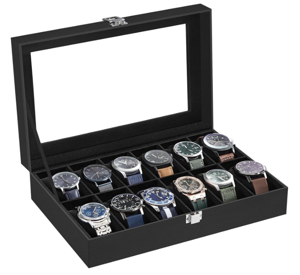 orion store - 12 Horloge Armband Bangle Doos Display Opbergkoffer (Geheel Zwart 12 Horloges) - 20.2cm x 30.3cm x 7.8cm