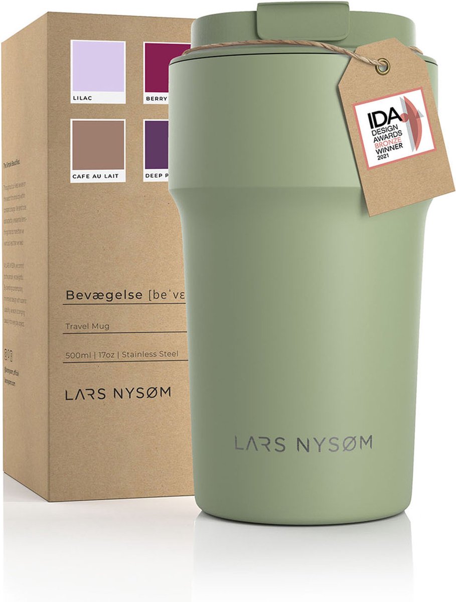 LARS NYSØM - 'Bevægelse' Thermos Coffee Mug-to-go 500ml - BPA-vrij met Isolatie - Lekvrije Roestvrijstalen Thermosbeker - Sage