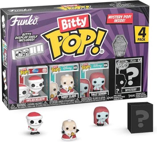 Funko Santa Jack, Sandy Claws, Sally Sewing and mystery chase - Funko Bitty Pop! - Nightmare Before Christmas Figuur - 2cm
