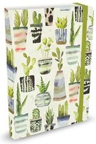 Notitieboek met aquareltekeningen van cactussen in potten en een elastische groene sluiting.