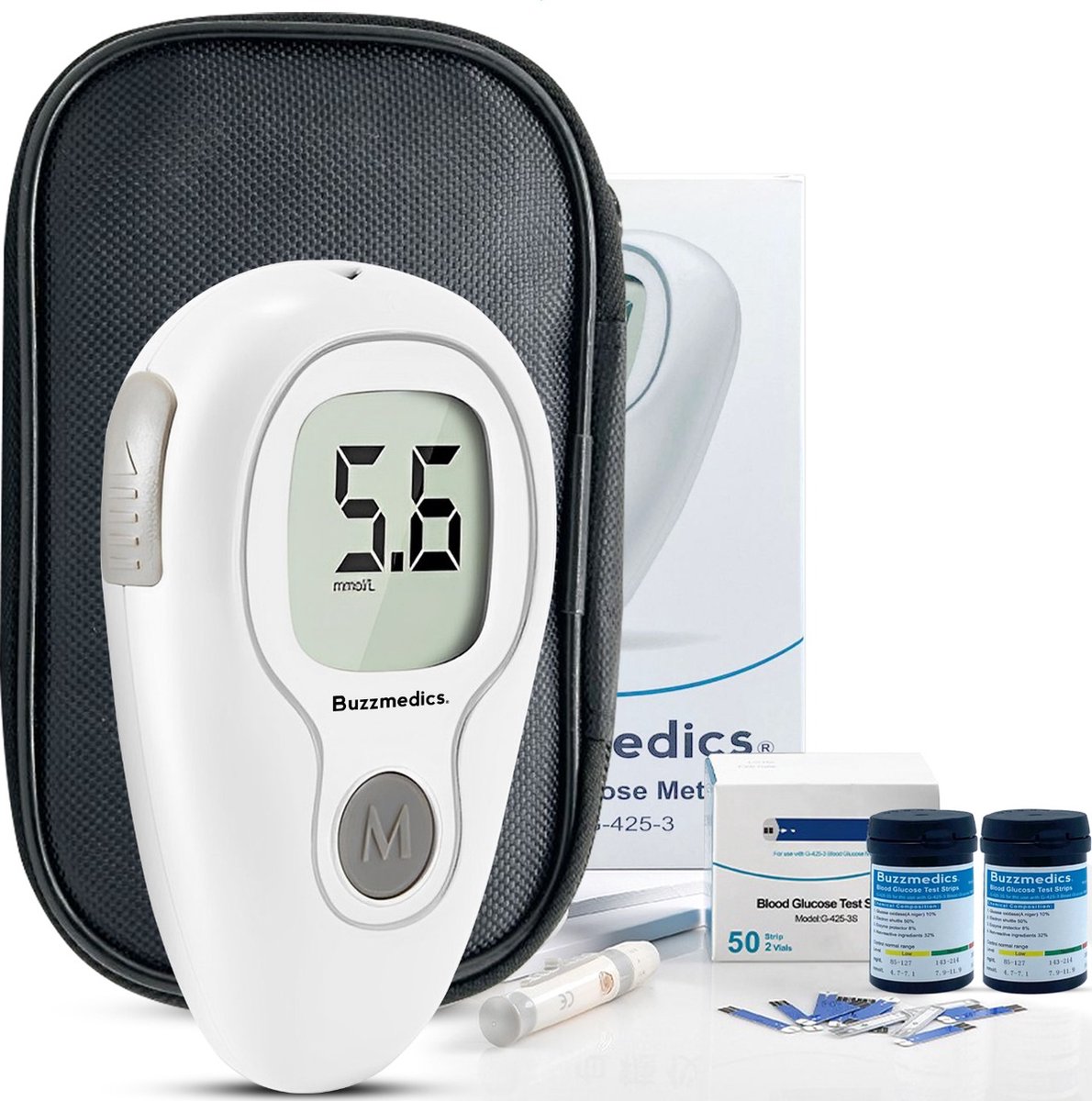 Buzzmedics Glucosemeter Startpakket met 50 teststrips en lancetten