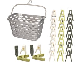 Wasknijpers ophangmandje met haak - zilver - en 80x gekleurde wasknijpers van 6 cm - was ophangen