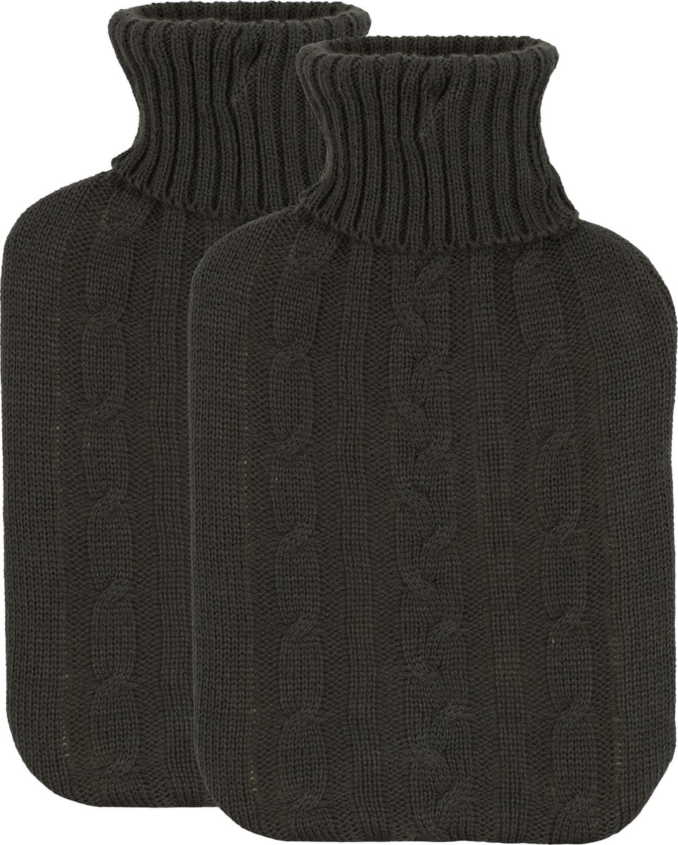 Goedkoopste H&S Collection Warmwaterkruik - 2x - met zacht gebreide hoes - donkergrijs - 1,75L - kruik