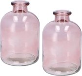 DK Design Bloemenvaas fles model - 2x - helder gekleurd glas - zacht roze - D11 x H17 cm