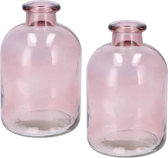 DK Design Bloemenvaas fles model - 2x - helder gekleurd glas - zacht roze - D11 x H17 cm