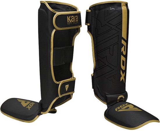 Protèges-tibias RDX Sports F6 Kara - Kickboxing - MMA - Entraînement - Cuir synthétique - Zwart - Mat - Doré - Goud S