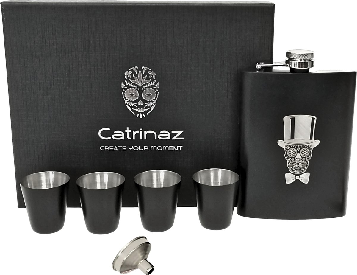 Catrinaz® heupfles - Zakflacon - Uniek skull ontwerp - Mat zwart - Platvink - RVS - 4 Shotglaasjes - Luxe gift box - Cadeau voor man