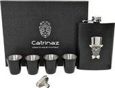 Catrinaz® heupfles - Zakflacon - Uniek skull ontwerp - Mat zwart - Platvink - RVS - 4 Shotglaasjes - Luxe gift box - Uniek geschenk - Vaderdag tip