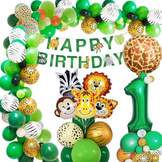 FeestmetJoep® 56-delig feestpakket Jungle - 45 stuks jungle ballonnen - Wild One - Jungle thema feestje - Jungle versiering - Jungle feestartikelen - Jungle slinger - Jungle ballonnen - Jungle kinderfeestje