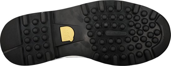 Onderkant van een bruine Sorel snowboot met zwart rubber en Sorel logo.