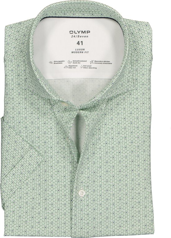 OLYMP Luxor modern fit overhemd 24/7 - korte mouw - groen met wit tricot dessin - Strijkvriendelijk - Boordmaat: 40
