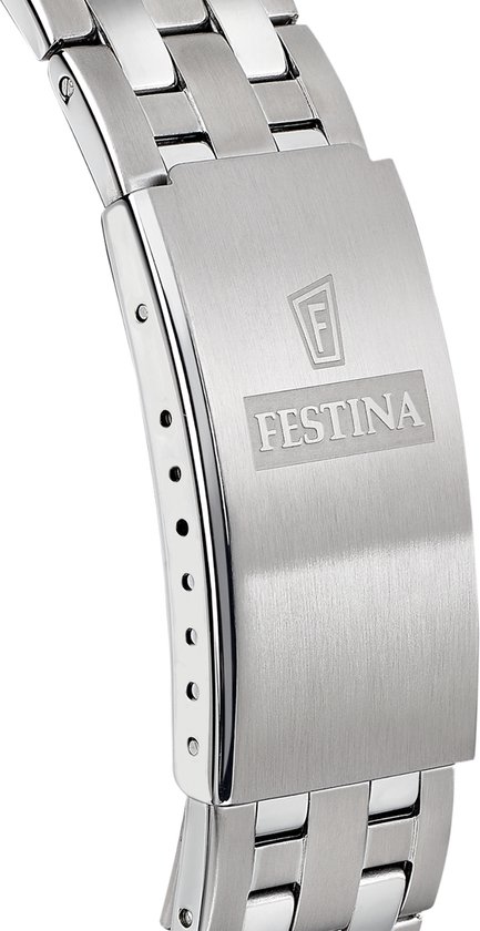 Sluiting van een Festina horloge met zilverkleurige metalen band, met gegraveerd Festina logo.