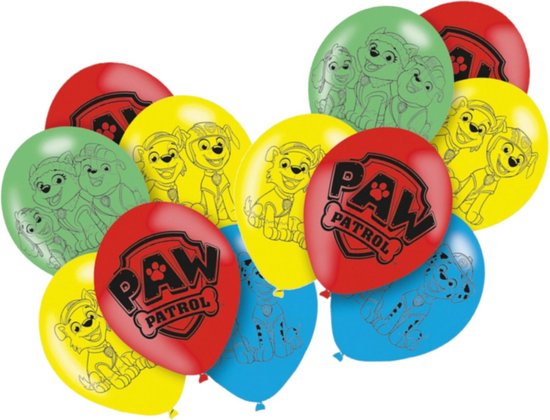 Een stapel Paw Patrol ballonnen in rood, geel, groen en blauw met karakters en logo.