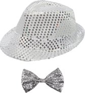 Carnaval verkleed set - hoedje en vlinderstrikje - zilver - volwassenen - glitters
