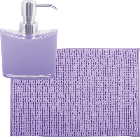 MSV badkamer droogloop mat/tapijtje - 50 x 80 cm - en zelfde kleur zeeppompje 260 ml - lila paars