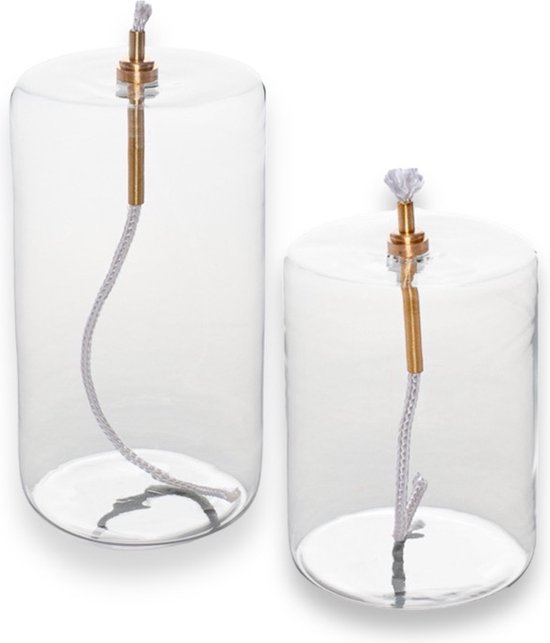 WinQ ! - Cylindre de lampe à huile 7,5x10 cm et 7,5x13,5 cm Verre transparent - lot de 2 pièces - Remplacement idéal pour les bougies avec mèche et entonnoir