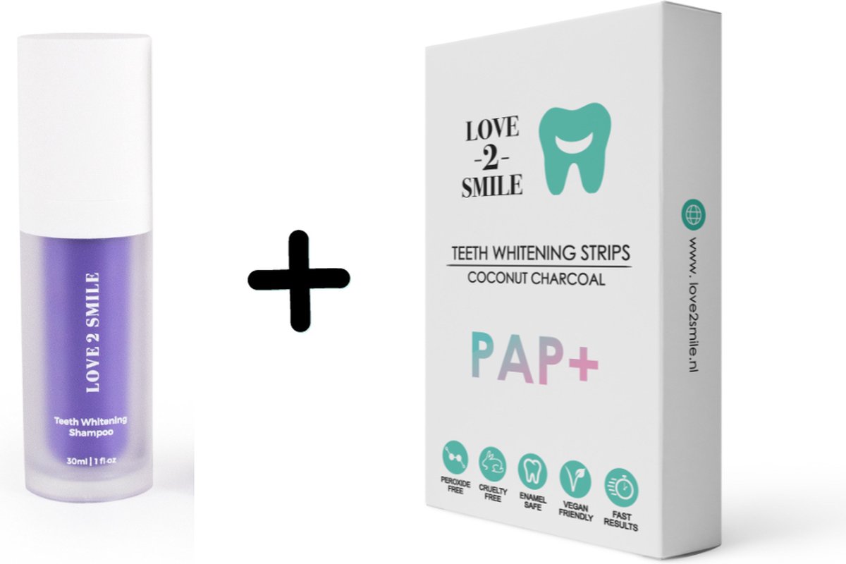 Love2smile Ultimate Whitening Bundel - Premium strips & V34 Tand Shampoo - Whitening Strips - De Natuurlijke tandenbleker van Nederland & België - Goedgekeurde Tandenblekers - Color Corrector