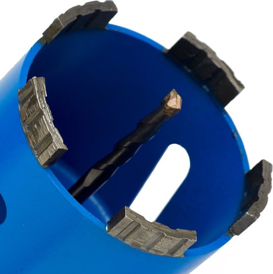 Blauwe kernboor met diamantsegmenten en een boor met SDS-Plus M16 aansluiting.