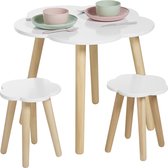 Children's Table with 2 Stools Set (Age 3-8 Years) White Children's Table with 2 Chairs in Heavenly Cloud Design, Premium Wooden Children's Furniture