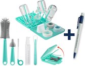 Bouteilles à biberons vert + kit de nettoyage - Kit de nettoyage pour Bébé - Set de voyage + stylo