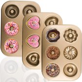 3 stuks 6-vaks koolstofstalen donutvorm met anti-aanbaklaag, bloem- en hartvormige cakevorm.