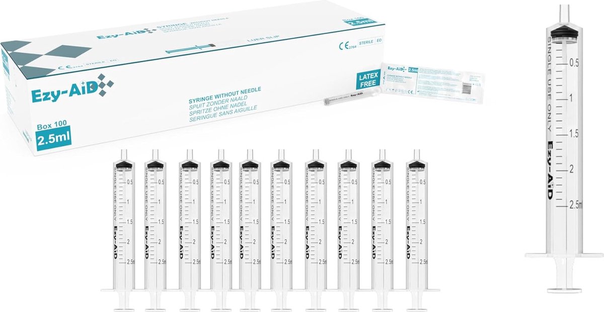Goedkoopste 100st. - 2.5 ml Ezy-Aid wegwerp steriele injectie spuit | Zeer nauwkeurig | Luer Slip Tip, medische spuiten voor eenmalig gebruik zonder naalden, niet-pyrogeen, latexvrij voor het doseren van vloeistof, geen naald