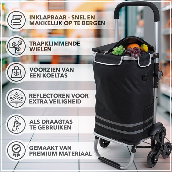 Chariot de courses Latium à 3 Roues - Chariot de courses pliable avec compartiment réfrigérant - Chariot avec sac de courses amovible - Chariot de courses pliable avec rampe d'escalier - Zwart
