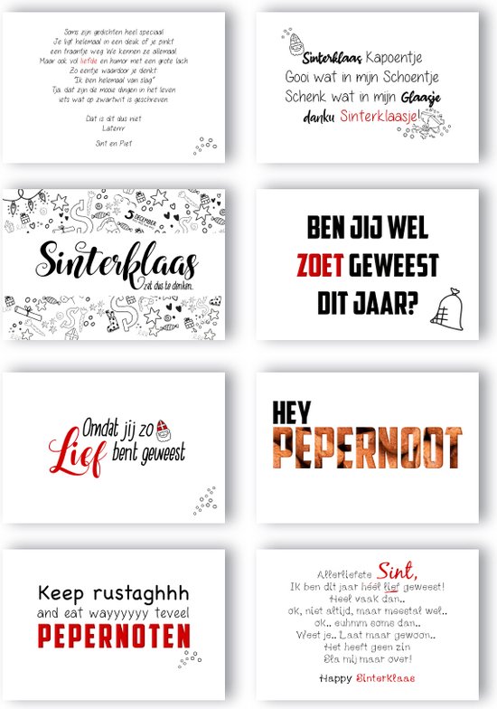 Een collage van acht Sinterklaas-wenskaarten met diverse teksten en illustraties.
