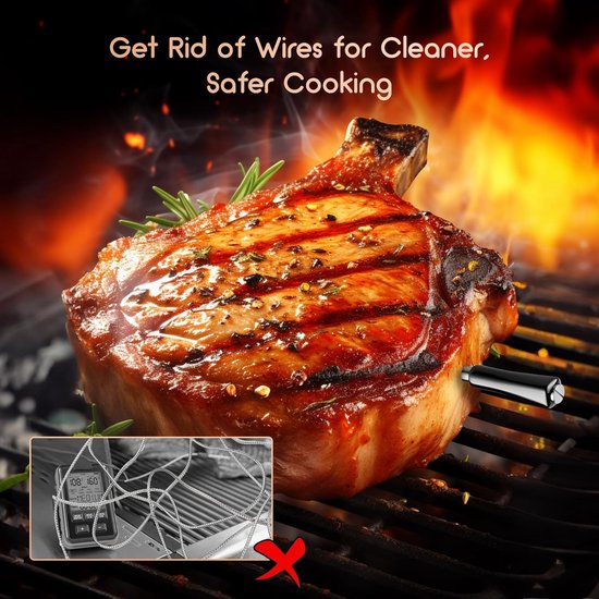 Gegrilde karbonade met vleesthermometer erin, met een ingezoomd beeld van de dubbele sensoren.