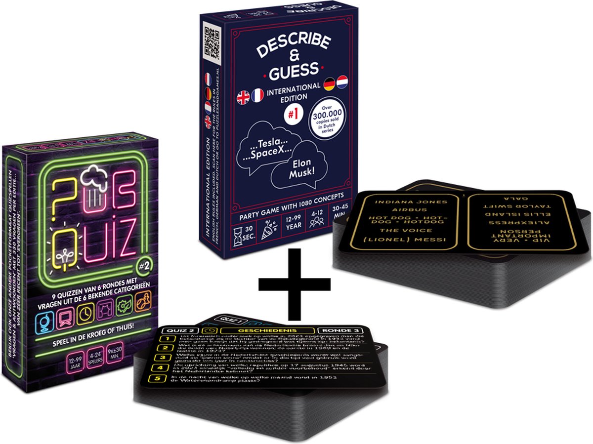 COMBI-DEAL: Pubquiz #2 (9x pubquiz van 6 rondes / totaal 198 vragen over Nederland) - kaartspel - Pocketformaat quizspel + Describe & Guess - Party game - 30 Seconds time limit per 5 concepts - International Edition (English, Dutch, German & French!)