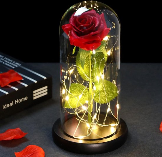 Springos rose en verre 22 cm avec guirlande lumineuse led cadeau