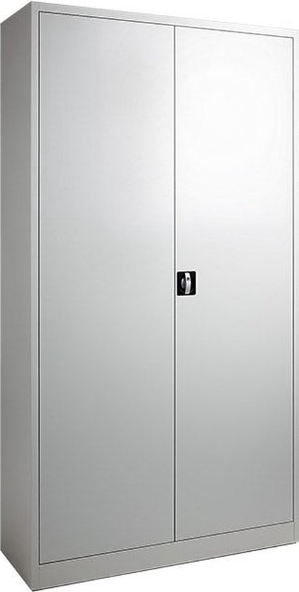 Grijze metalen archiefkast met twee deuren en een handvat in het midden.