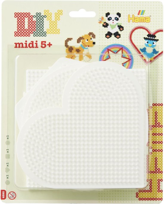 Plaques Hama pour perles à repasser midi 5+, avec exemples de panda, arc-en-ciel, chien et oiseau.