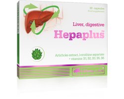 Hepaplus Liver and digestion 30 capsules, met complexe samenstelling van artisjokextract, L-ornithine aspartaat en groep B-vitamines B1, B2, B6, niacine en pantotheenzuur, die bijdragen aan een goed energiemetabolisme. TAKING CARE OF YOUR LIVER