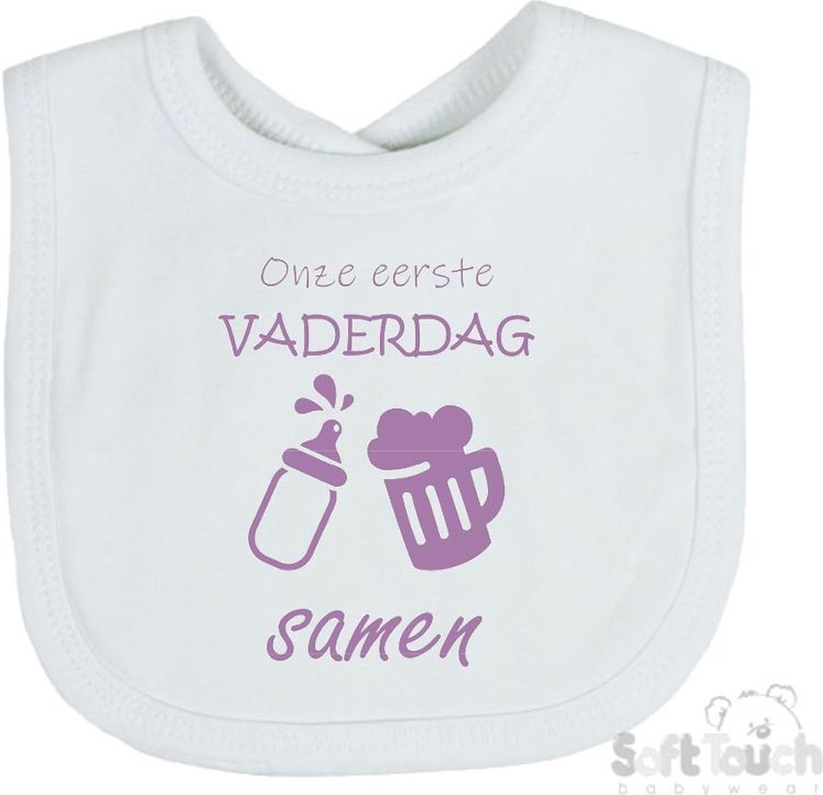 Goedkoopste Soft Touch Slabber Slabbetje Slab Onze eerste vaderdag samen Vaderdag Unisex Katoen Wit/lila Maat 33x22 Cm