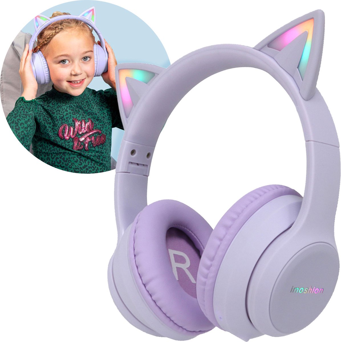 iMoshion Koptelefoon Kinderen Met Kattenoortjes Bluetooth - Kinder Koptelefoon / Hoofdtelefoon Draadloos Over Ear - Paars