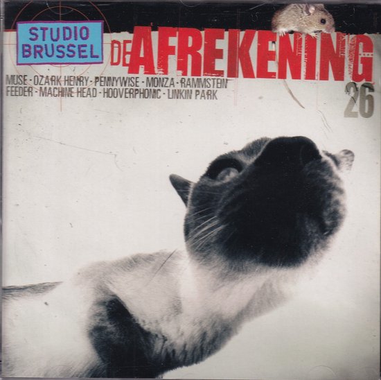 Couverture de CD avec logo Studio Brussel, titre "DE AFREKENING 26" et gros plan d'un chat avec une souris au-dessus de sa tête.