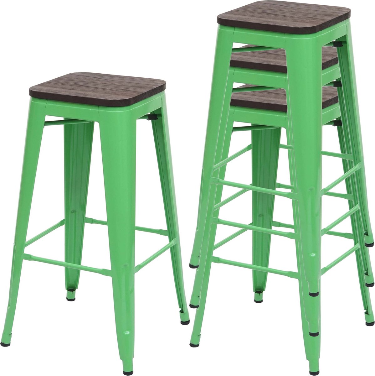 MCW Set van 4 barkrukken MCW-A73 incl. houten zitting, barkruk tegenkruk, metaal industrieel ontwerp stapelbaar ~ groen