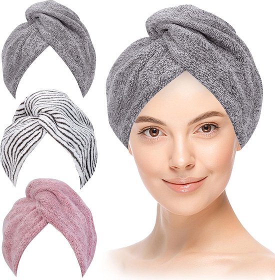 Pakket van 3 Haar Turban Microvezel Turban Handdoek met Knop, Super Absorberende Microvezel Haar Turban Sneldrogende Turban Handdoeken voor Vrouwen Meisjes met Lang Dik Krullend Haar.