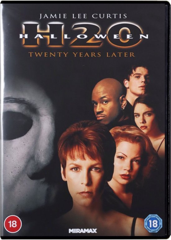 Voor voorkant van de 'Halloween H20 - Twenty Years Later' DVD. Jamie Lee Curtis staat vooraan, met gezichten van andere acteurs en een deel van Michael Myers' masker.