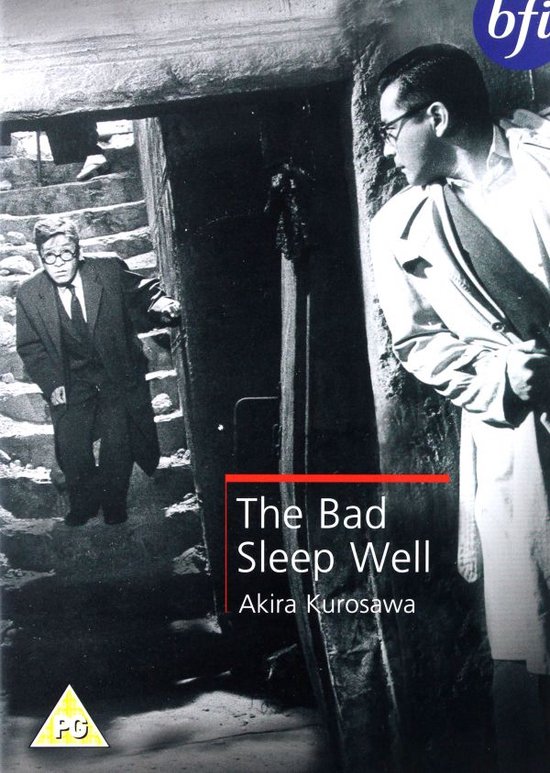 Twee mannen in pakken, waarvan een met bril, kijken naar een trap in de schaduw. De titel 'The Bad Sleep Well' staat centraal.