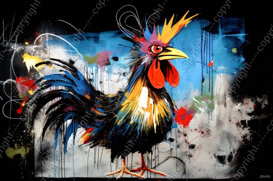 JJ-Art (Canvas) 120x80 | Haan, kleurrijk, felle kleuren, abstract, kunst | dier, haan, kip, vogel, blauw, geel, rood, zwart, modern | Foto-Schilderij canvas print (wanddecoratie)